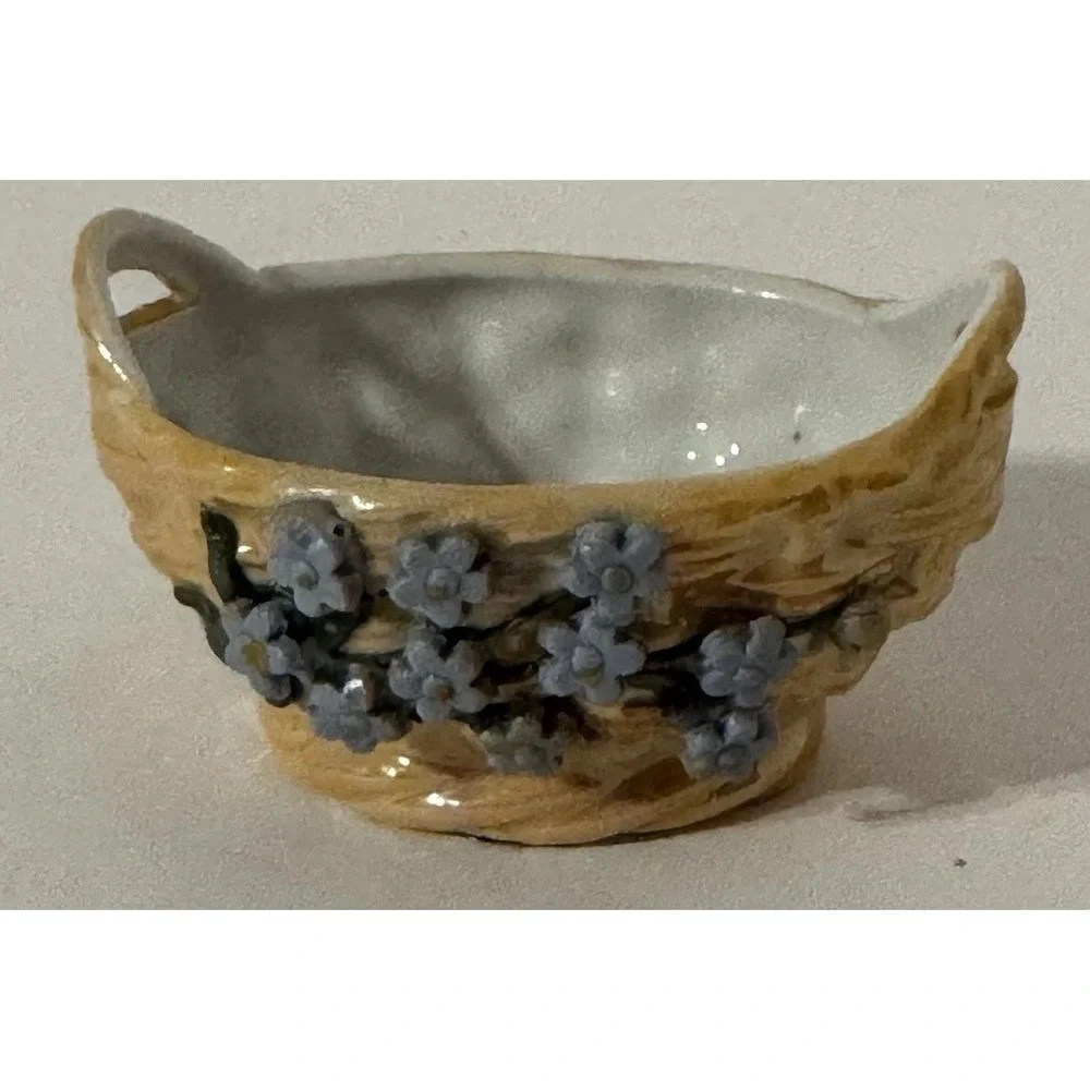 VTG Tan Basket with Blue Flowers Marked Germany Home Decor Trinky